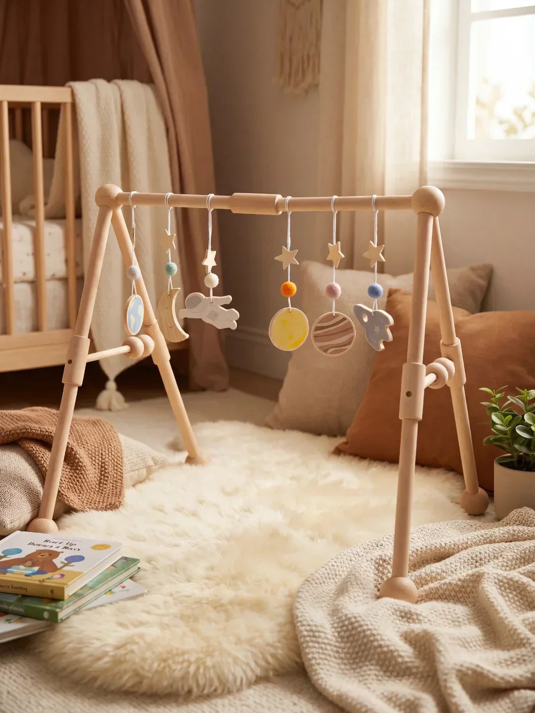 Sturdy Wooden Baby Play Arch — Wobble-Resistant Sensory Toy Gym, Hanging Toys
