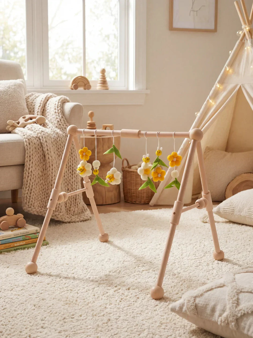 Sturdy Wooden Baby Play Arch — Wobble-Resistant Sensory Toy Gym, Hanging Toys
