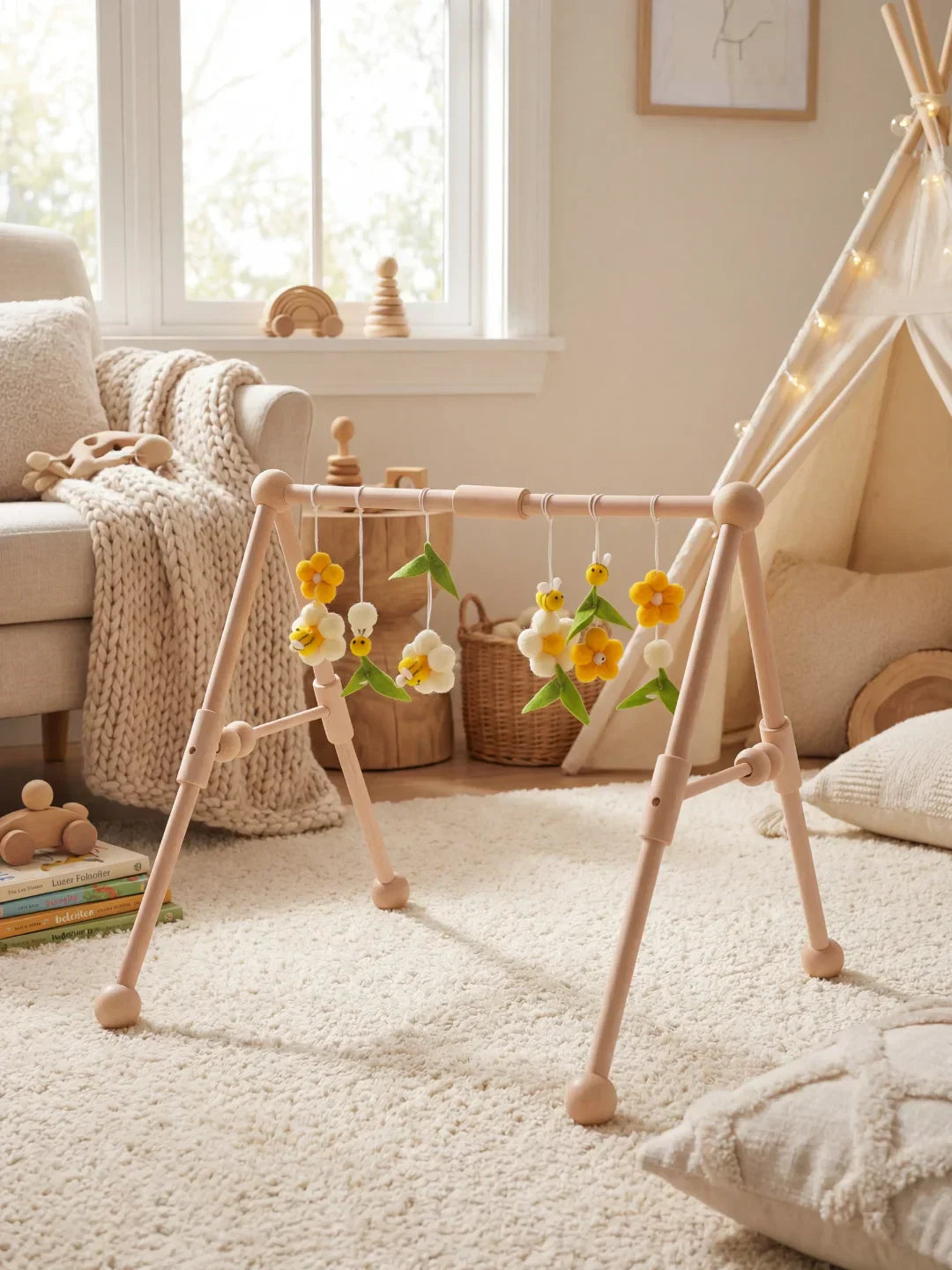 Sturdy Wooden Baby Play Arch — Wobble-Resistant Sensory Toy Gym, Hanging Toys