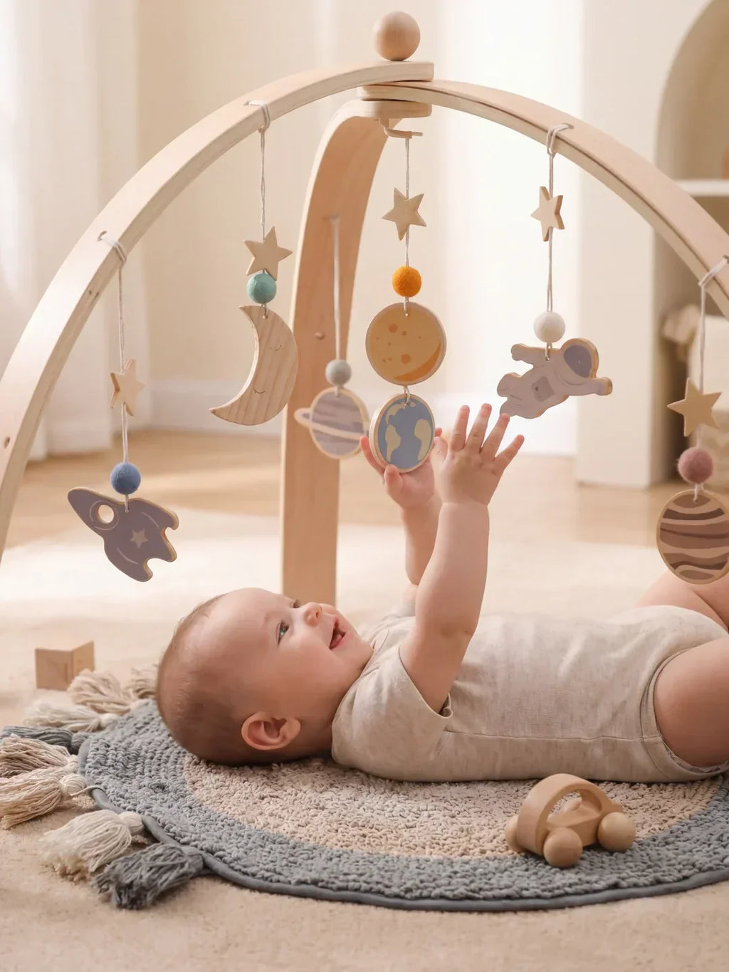 Wooden Baby Play Gym — Space Theme Motif, Stable Dome Structure