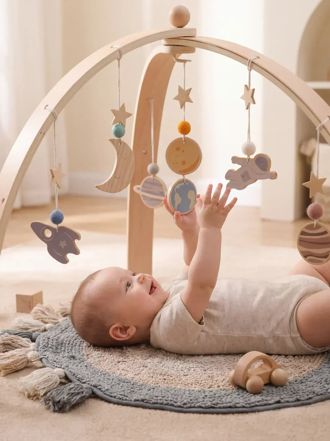 Wooden Baby Play Gym — Space Theme Motif, Stable Dome Structure