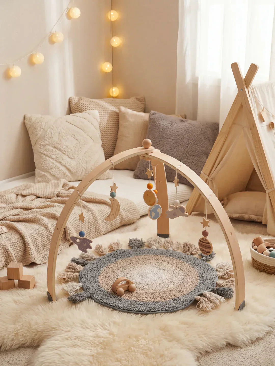 Wooden Baby Play Gym — Space Theme Motif, Stable Dome Structure