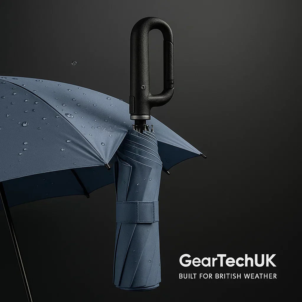 Ombrello pieghevole automatico antivento AerisGuard — manico con chiusura sicura, apertura rapida