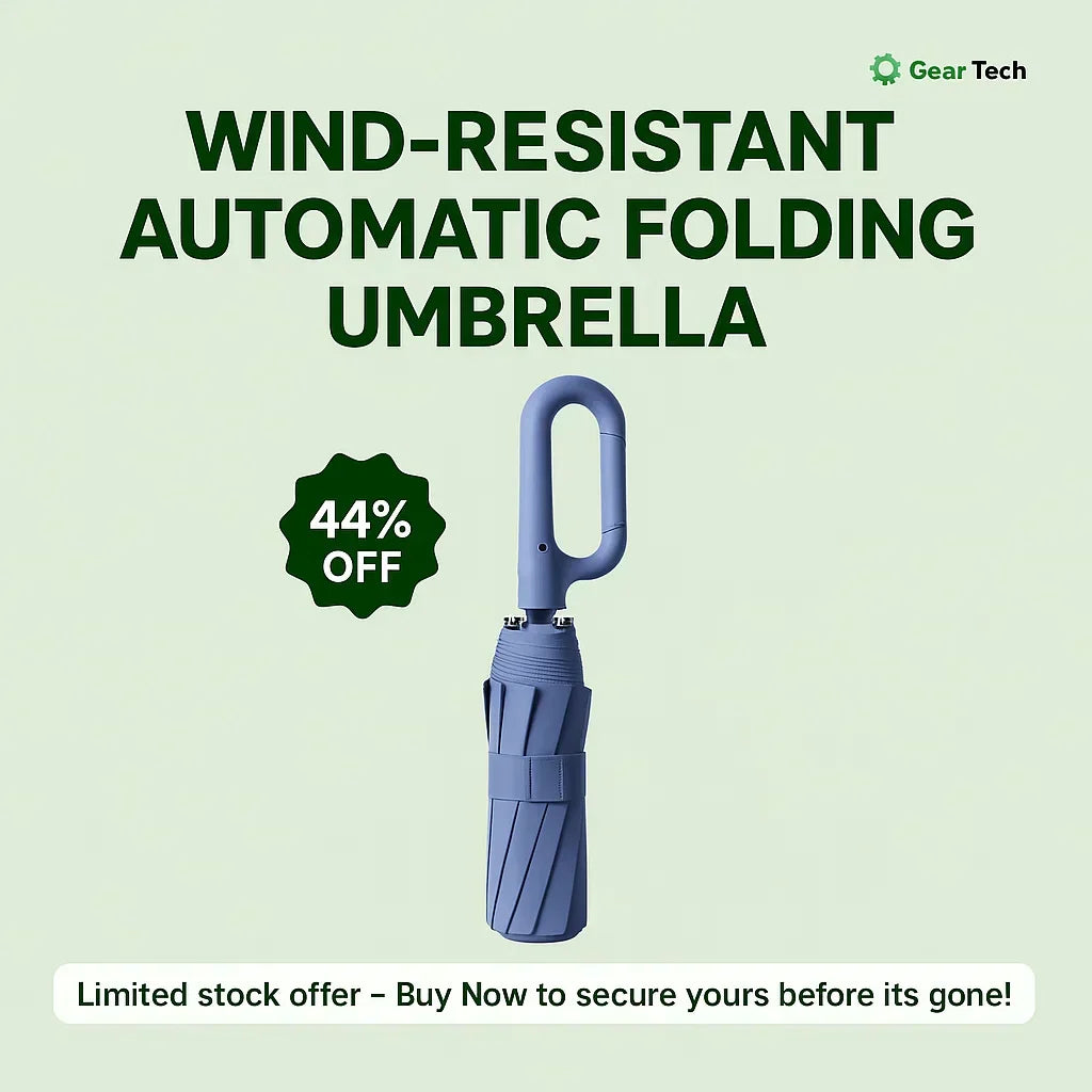 Ombrello pieghevole automatico antivento AerisGuard — manico con chiusura sicura, apertura rapida