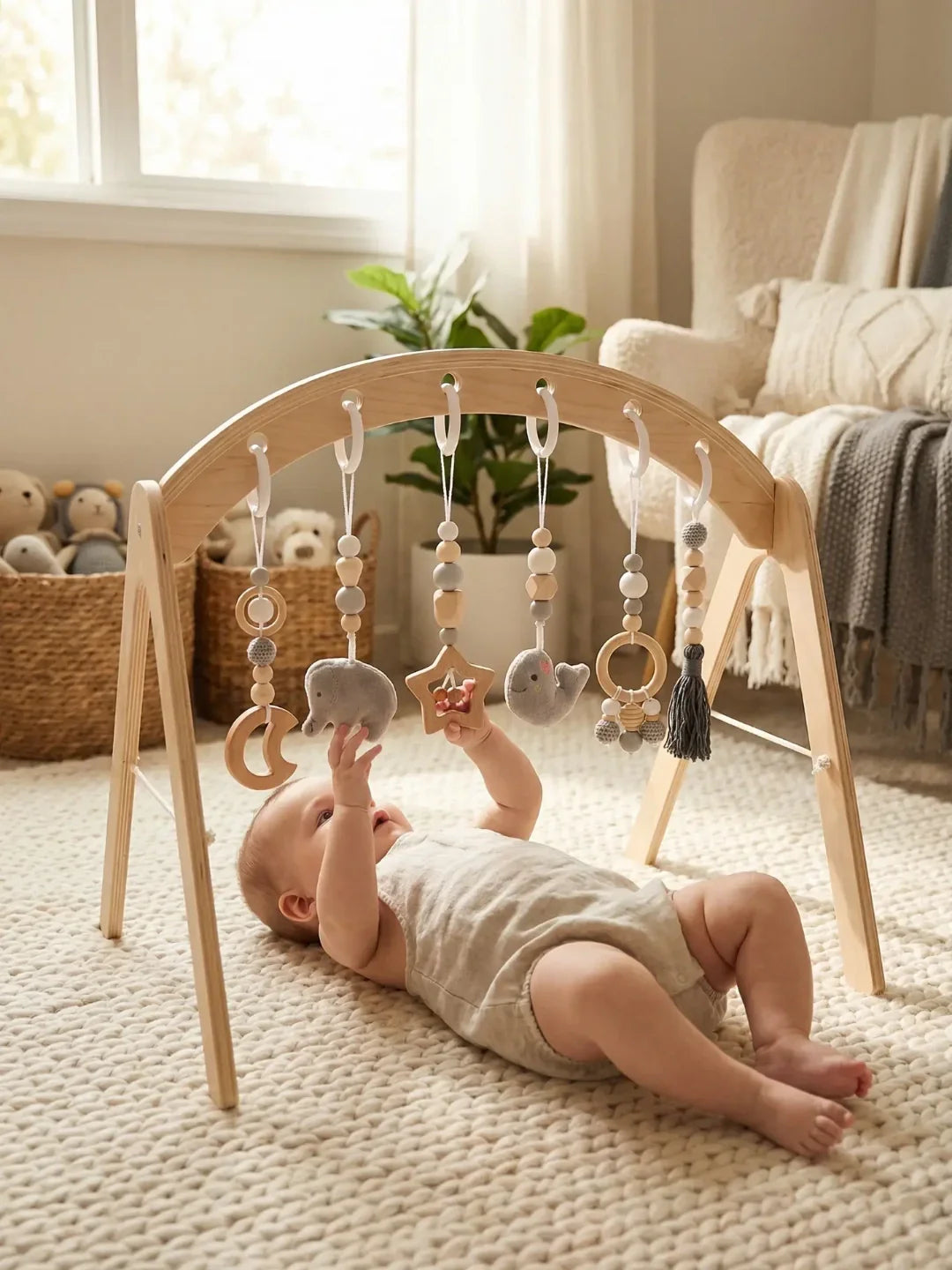 Montessori Wooden Baby Gym Dangles — Animal Shaped Hanging Toys
