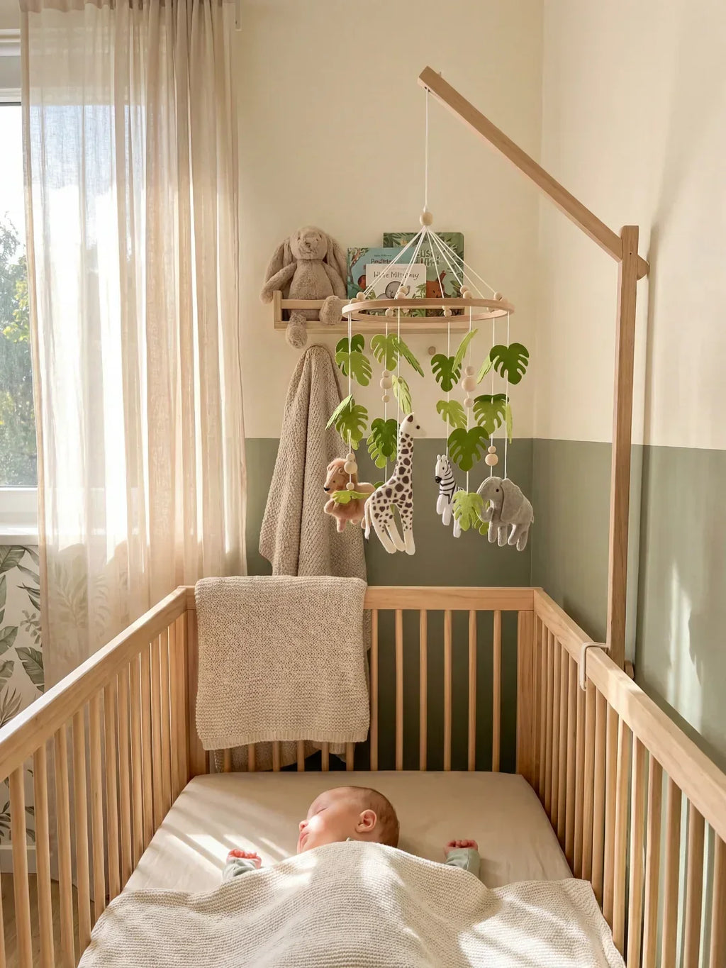 Compact Wooden Baby Mobile and Hanging Support Arm Set