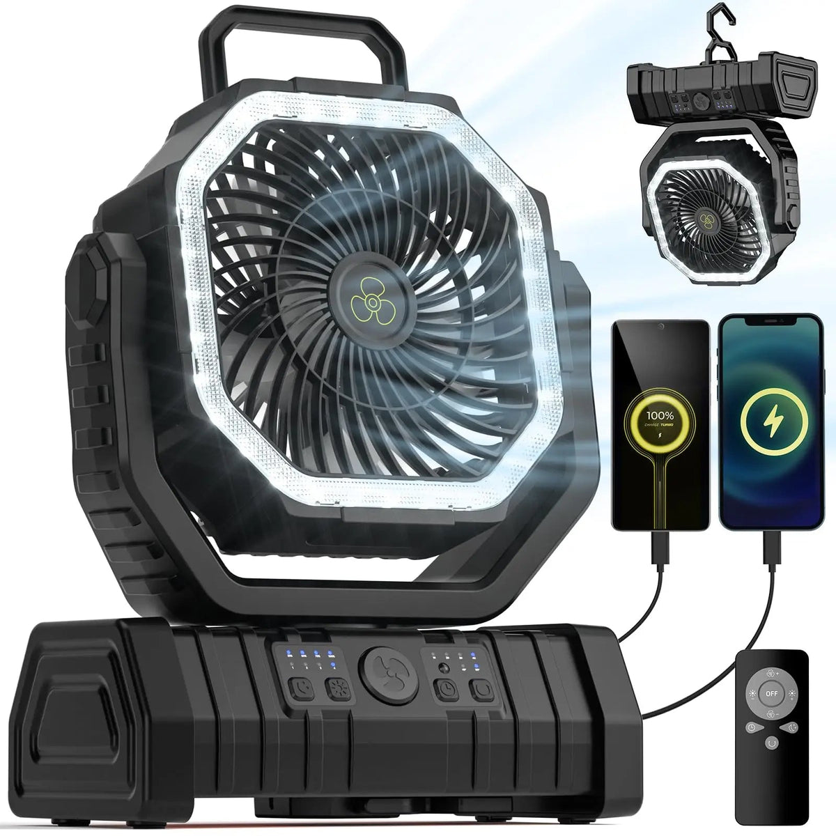 Wiederaufladbarer Campingventilator mit 20000mAh — LED-Licht, USB-Powerbank