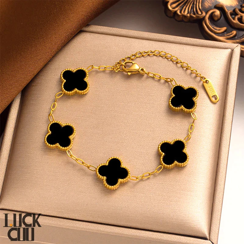 Liora Clover Charm Bracelet — Gold Plated Stainless Steel, Four Floral Charms