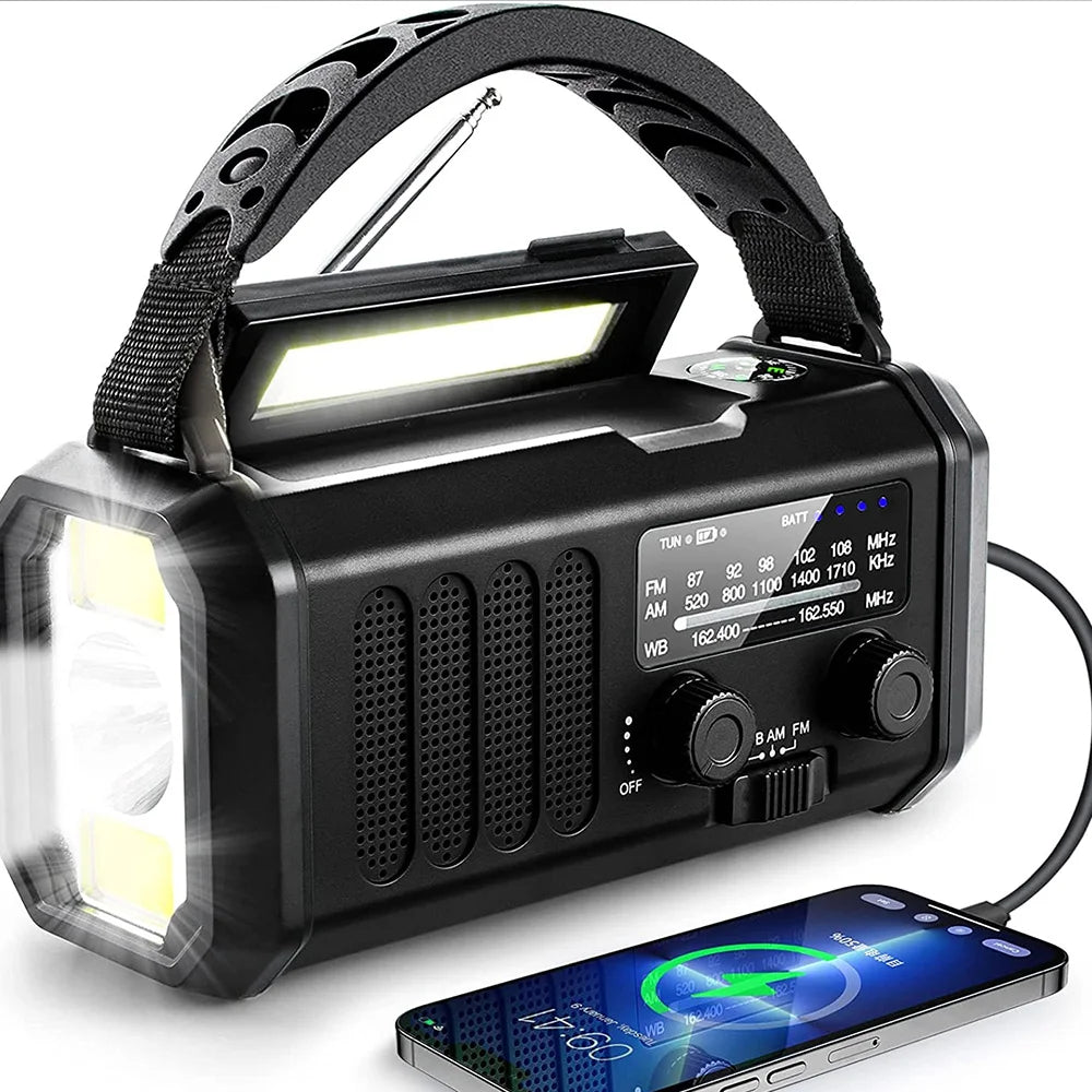 10000mAh-zonneradio met handslinger — NOAA, zaklamp en powerbank