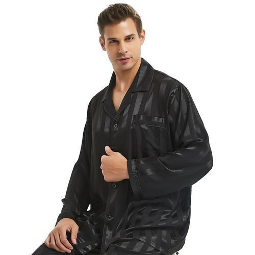 Herren-Satin-Pyjama-Set mit langen Ärmeln — Klassisches Streifendesign