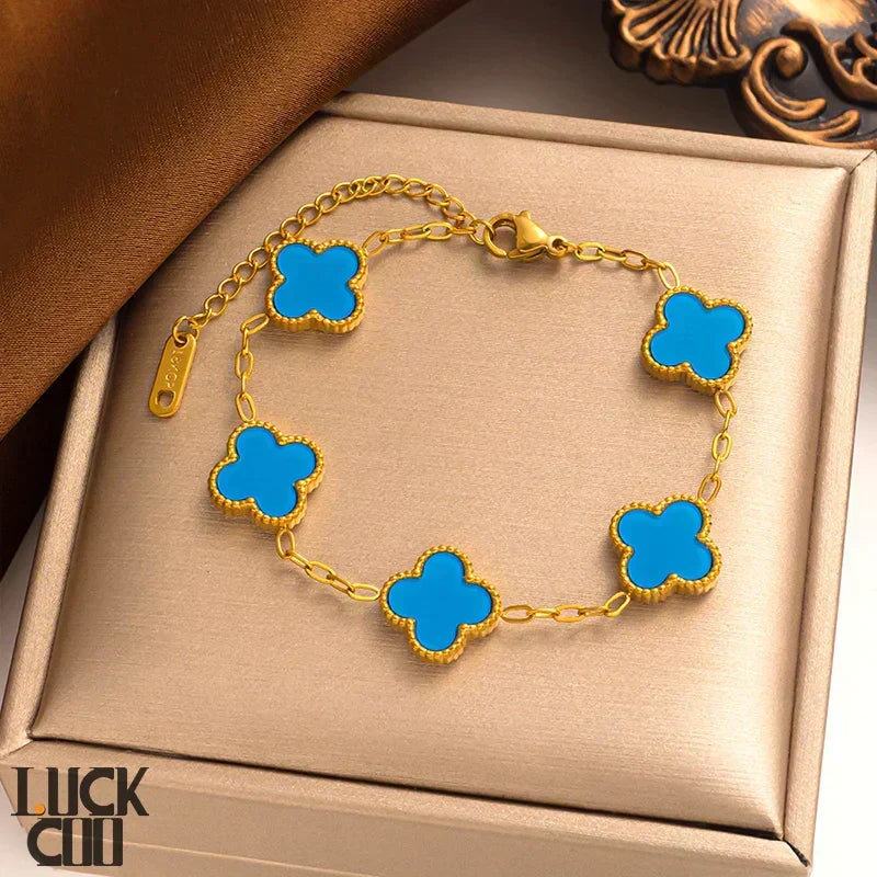 Liora Clover Charm Bracelet — Gold Plated Stainless Steel, Four Floral Charms