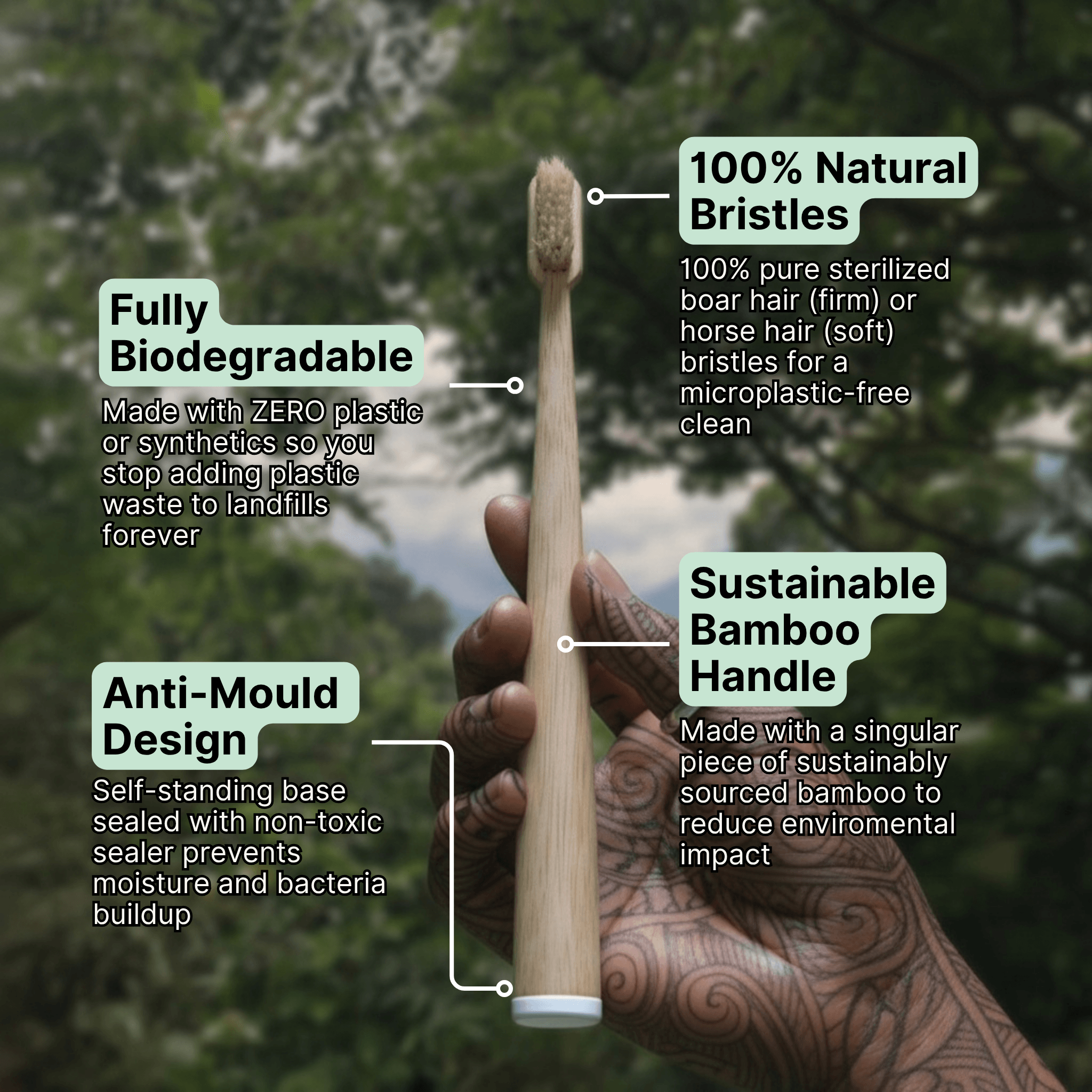 Four-Pack Bamboo Toothbrush Set — Natural Bristle Design