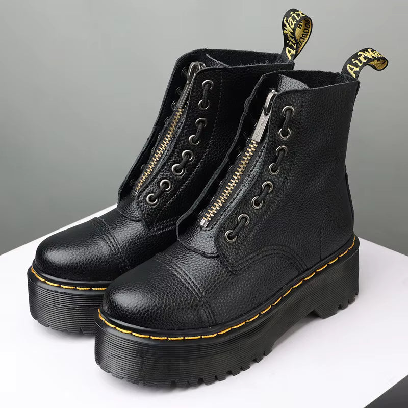 Women’s Genuine Leather Platform Boots, Front Zipper, Optical Soles