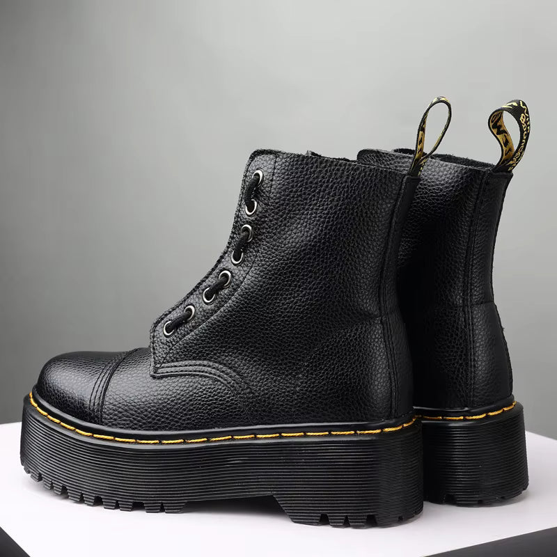 Women’s Genuine Leather Platform Boots, Front Zipper, Optical Soles