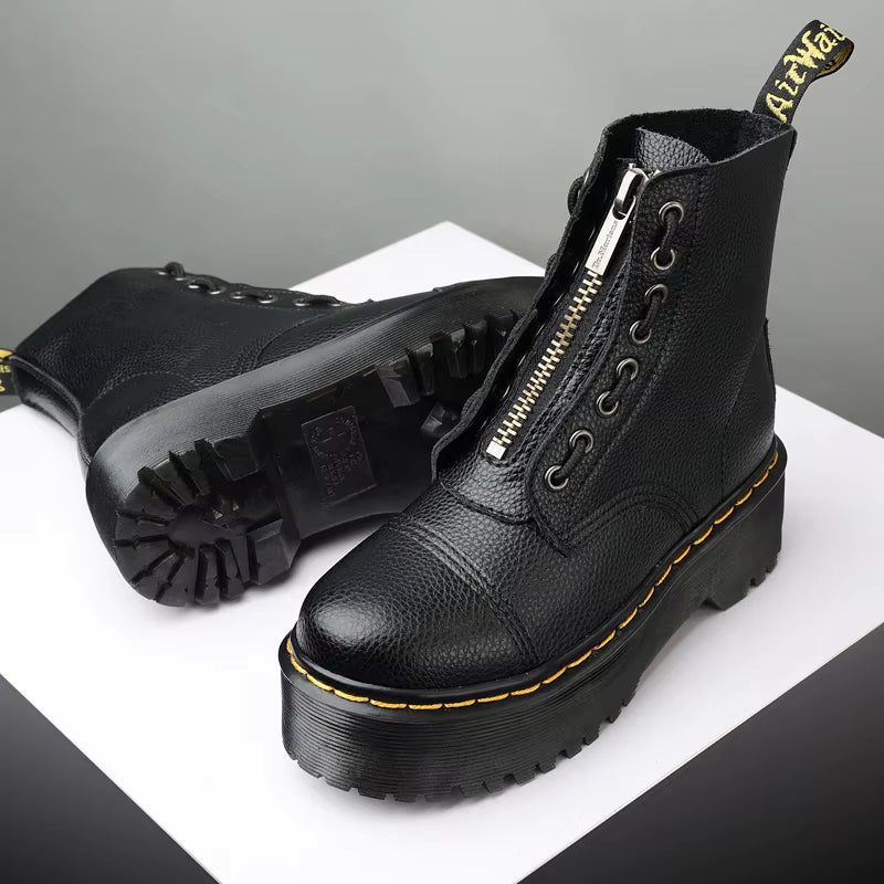 Women’s Genuine Leather Platform Boots, Front Zipper, Optical Soles