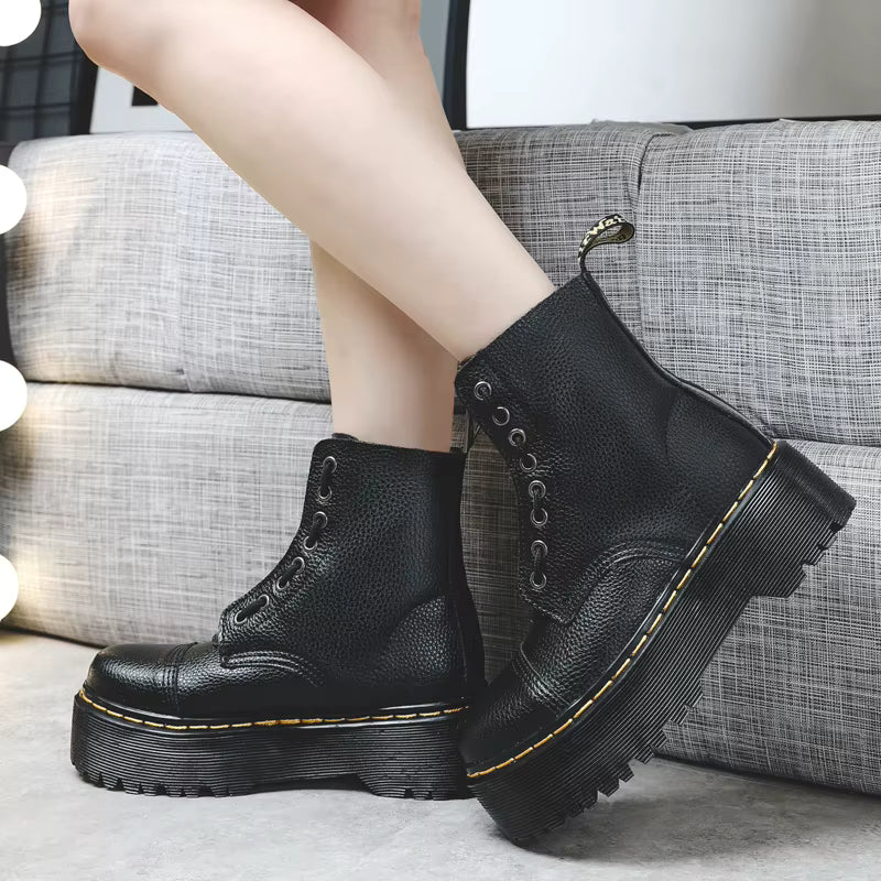 Women’s Genuine Leather Platform Boots, Front Zipper, Optical Soles