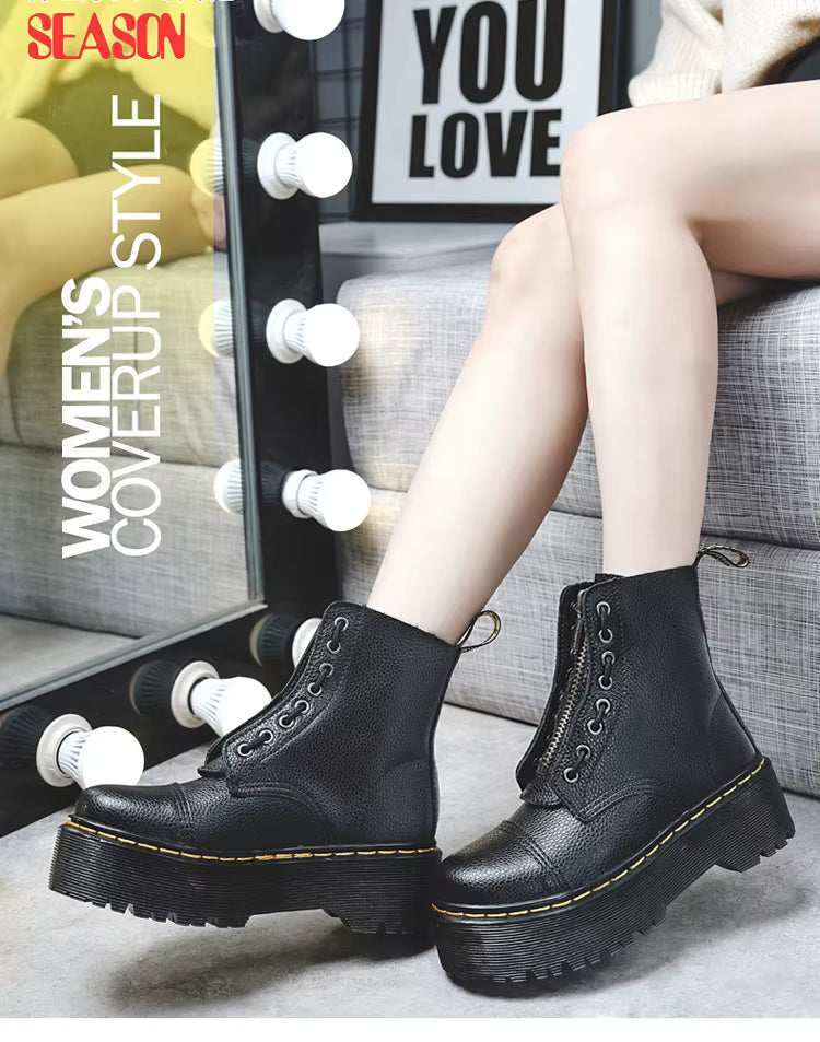 Women’s Genuine Leather Platform Boots, Front Zipper, Optical Soles