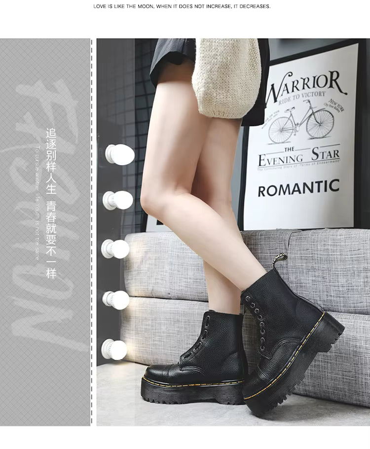 Women’s Genuine Leather Platform Boots, Front Zipper, Optical Soles