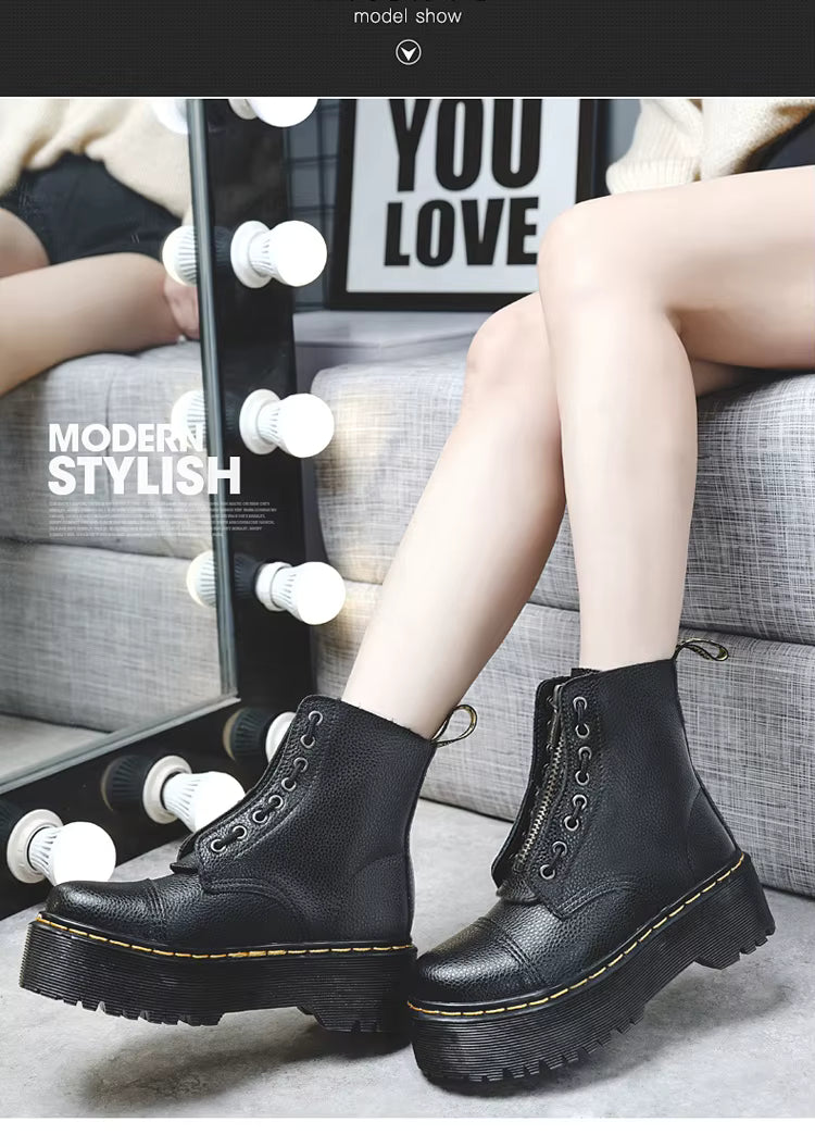 Women’s Genuine Leather Platform Boots, Front Zipper, Optical Soles