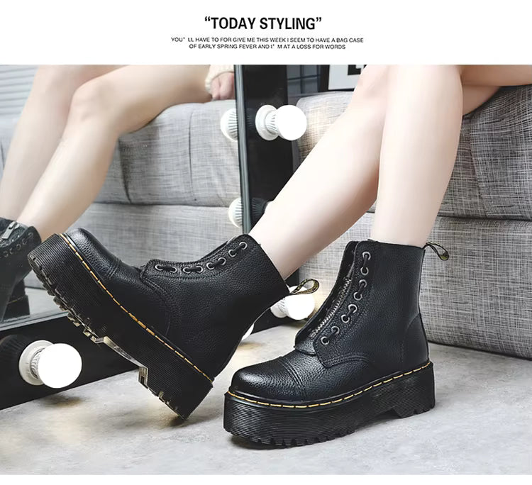 Women’s Genuine Leather Platform Boots, Front Zipper, Optical Soles