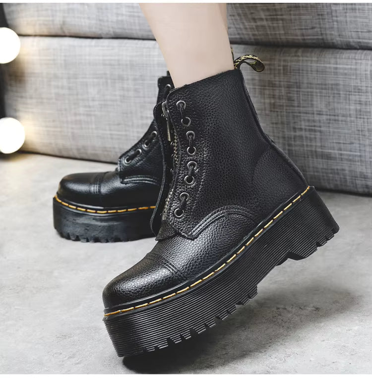 Women’s Genuine Leather Platform Boots, Front Zipper, Optical Soles