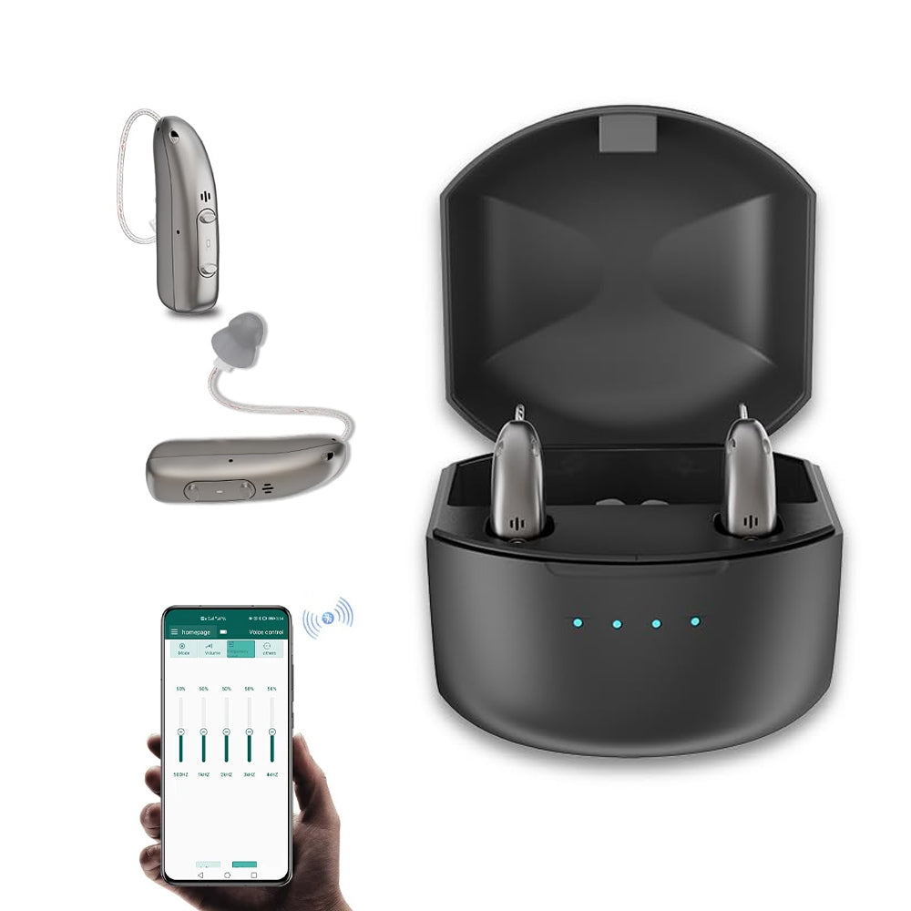 Nabíjecí sluchadla — Bluetooth, ovládání pomocí aplikace, čtyři režimy, redukce šumu