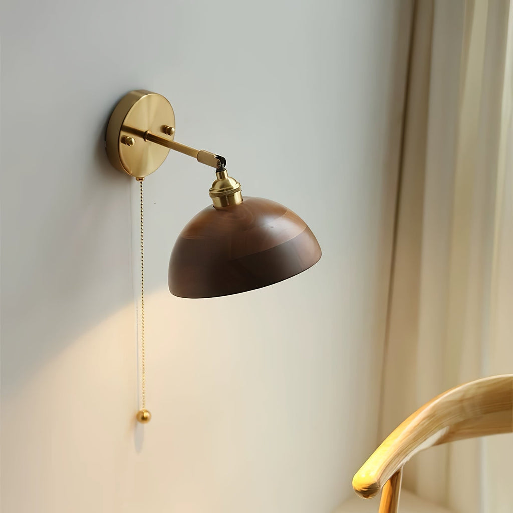 Aureo Vintage Wood Wall Lamp — Pull Chain Switch, Dome Shade