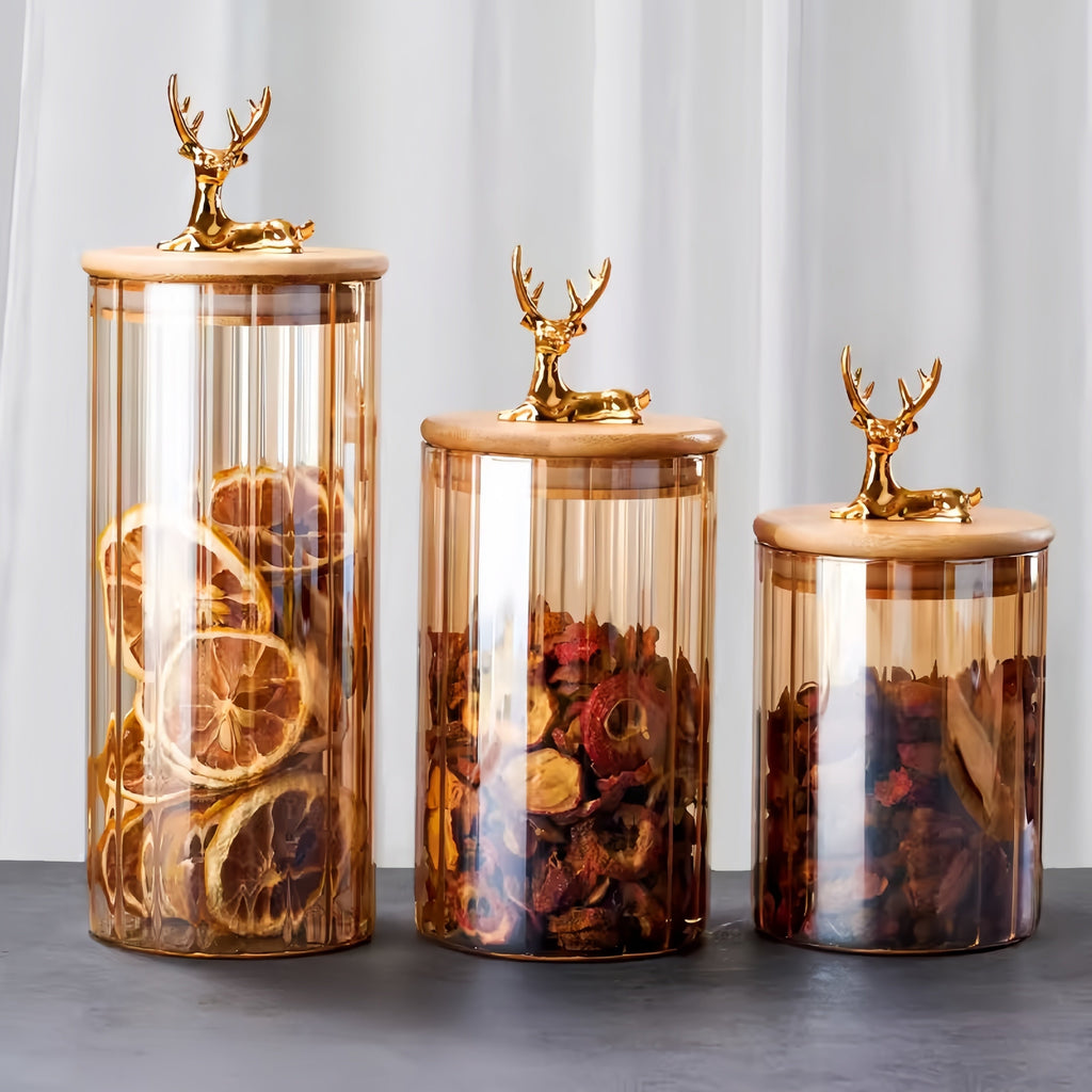 Lot de trois bocaux en verre ambré Elowen Stag — Finition avec couvercle doré
