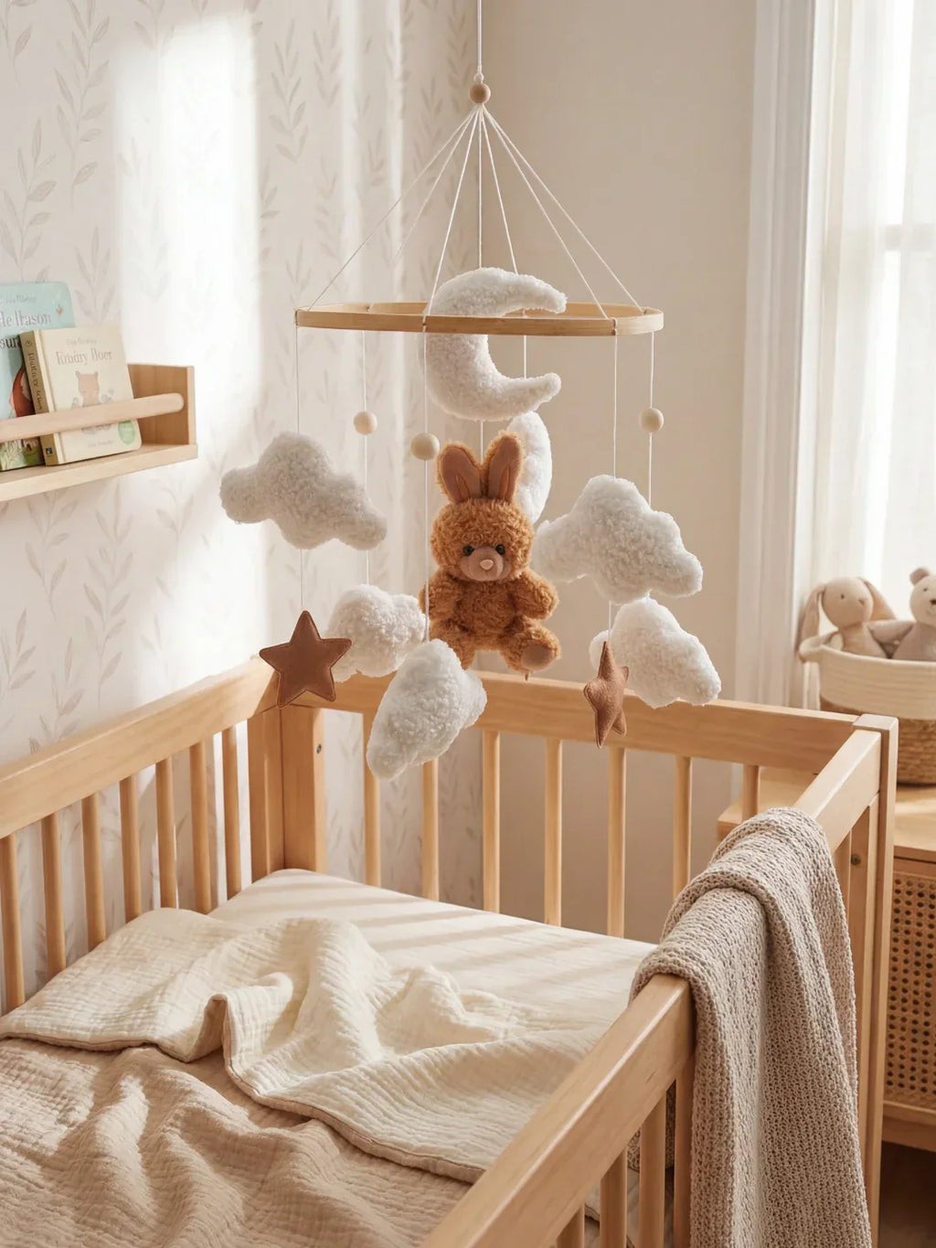 Compact Wooden Baby Mobile and Hanging Support Arm Set