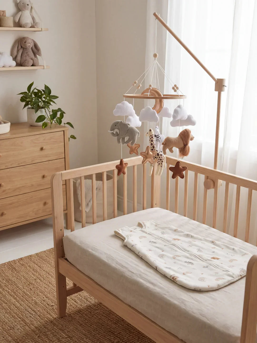 Compact Wooden Baby Mobile and Hanging Support Arm Set