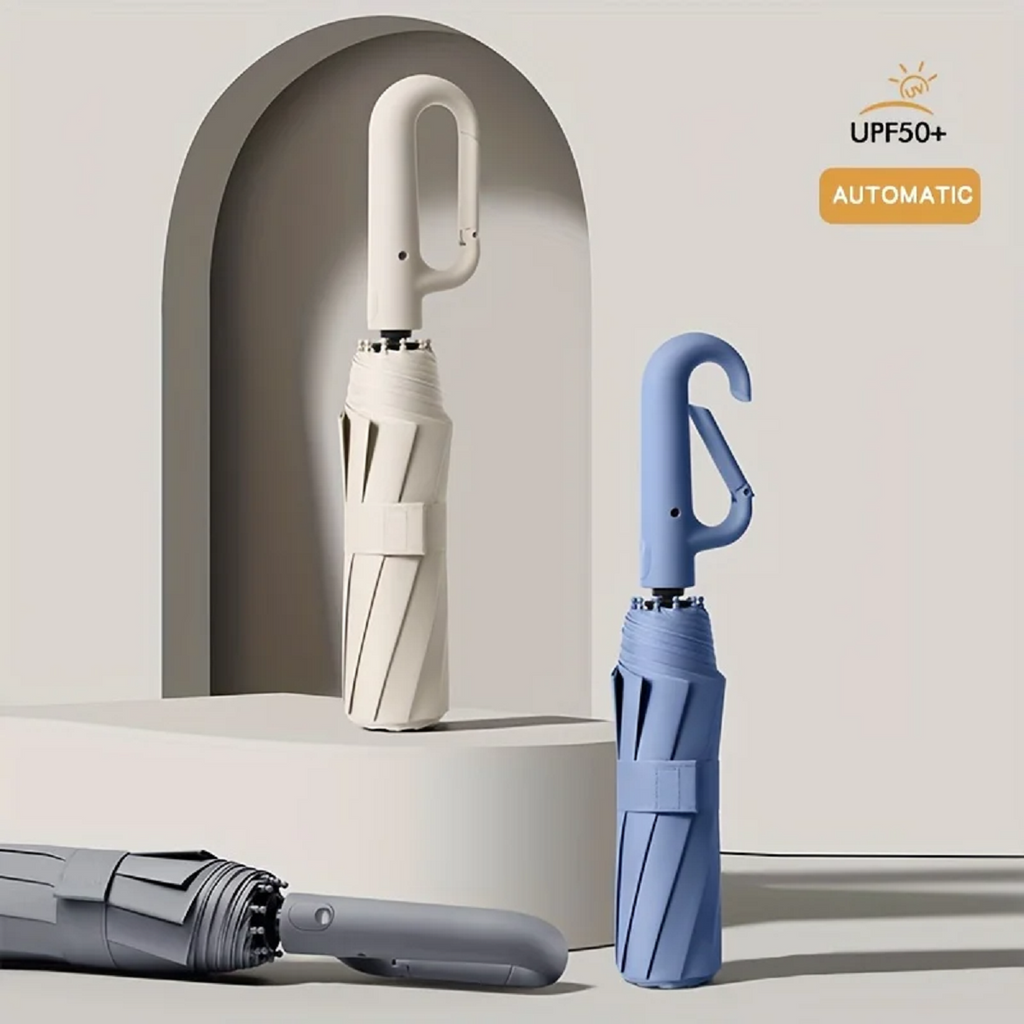 Ombrello pieghevole automatico antivento AerisGuard — manico con chiusura sicura, apertura rapida