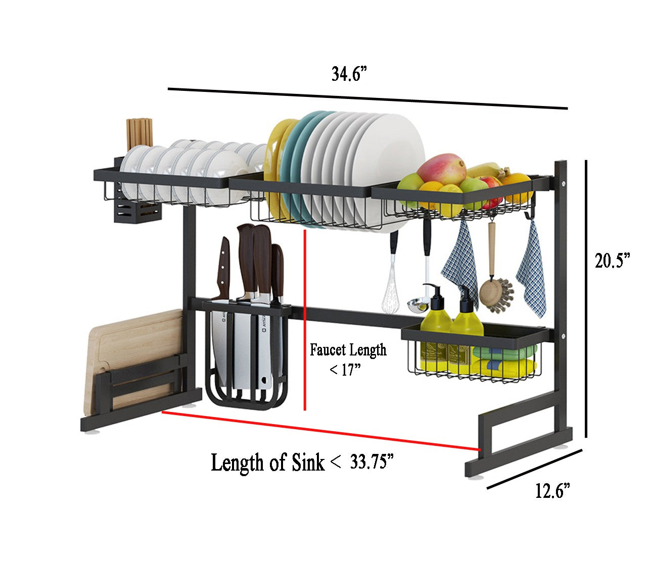 34.6" Stainless Steel Black Dish Drying Rack Over Kitchen Sink, Dishes and Utensils Draining Shelf | Filindra