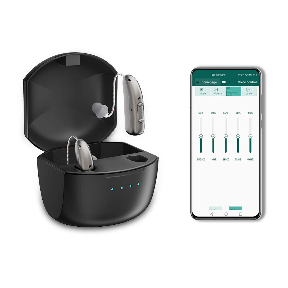 Nabíjecí sluchadla — Bluetooth, ovládání pomocí aplikace, čtyři režimy, redukce šumu