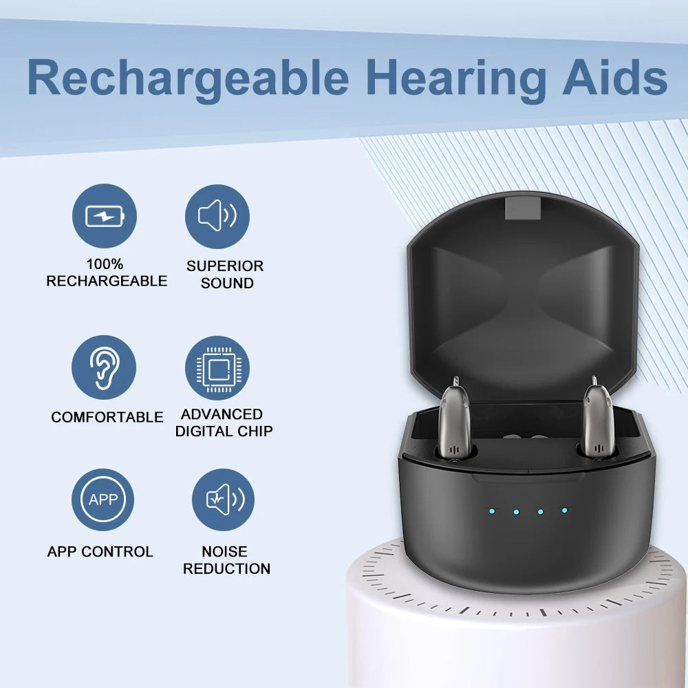 Nabíjecí sluchadla — Bluetooth, ovládání pomocí aplikace, čtyři režimy, redukce šumu
