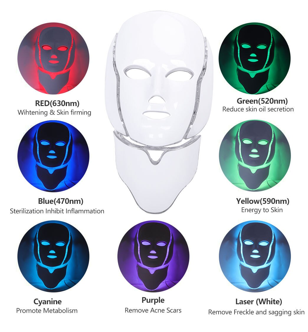 Rotlichttherapiemaske mit 7 Farben — LED-Behandlung für Gesicht und Hals