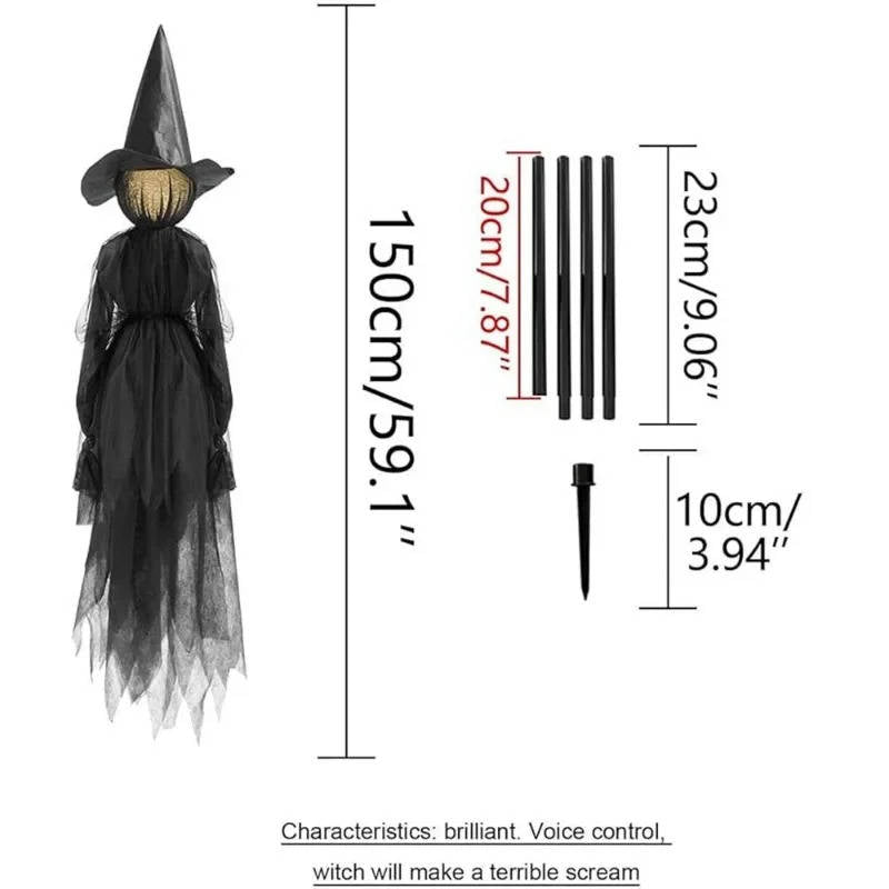 3 peças de decorações de Halloween para interior e exterior – Bruxa que segura a mão ativada por som | Filindra