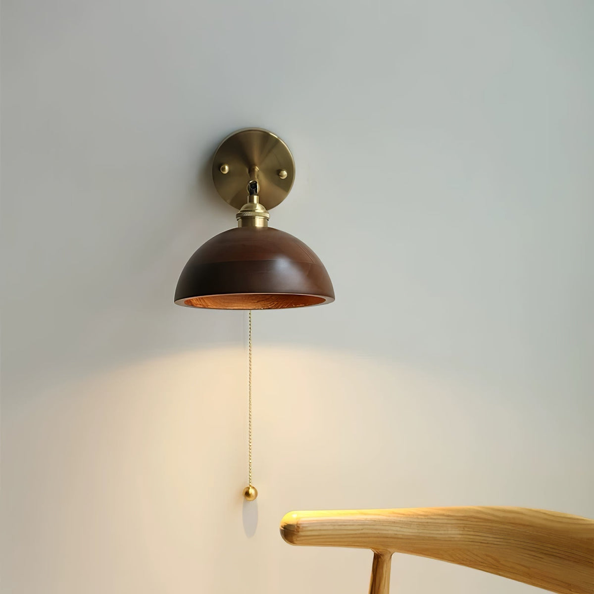 Aureo Vintage Wood Wall Lamp — Pull Chain Switch, Dome Shade