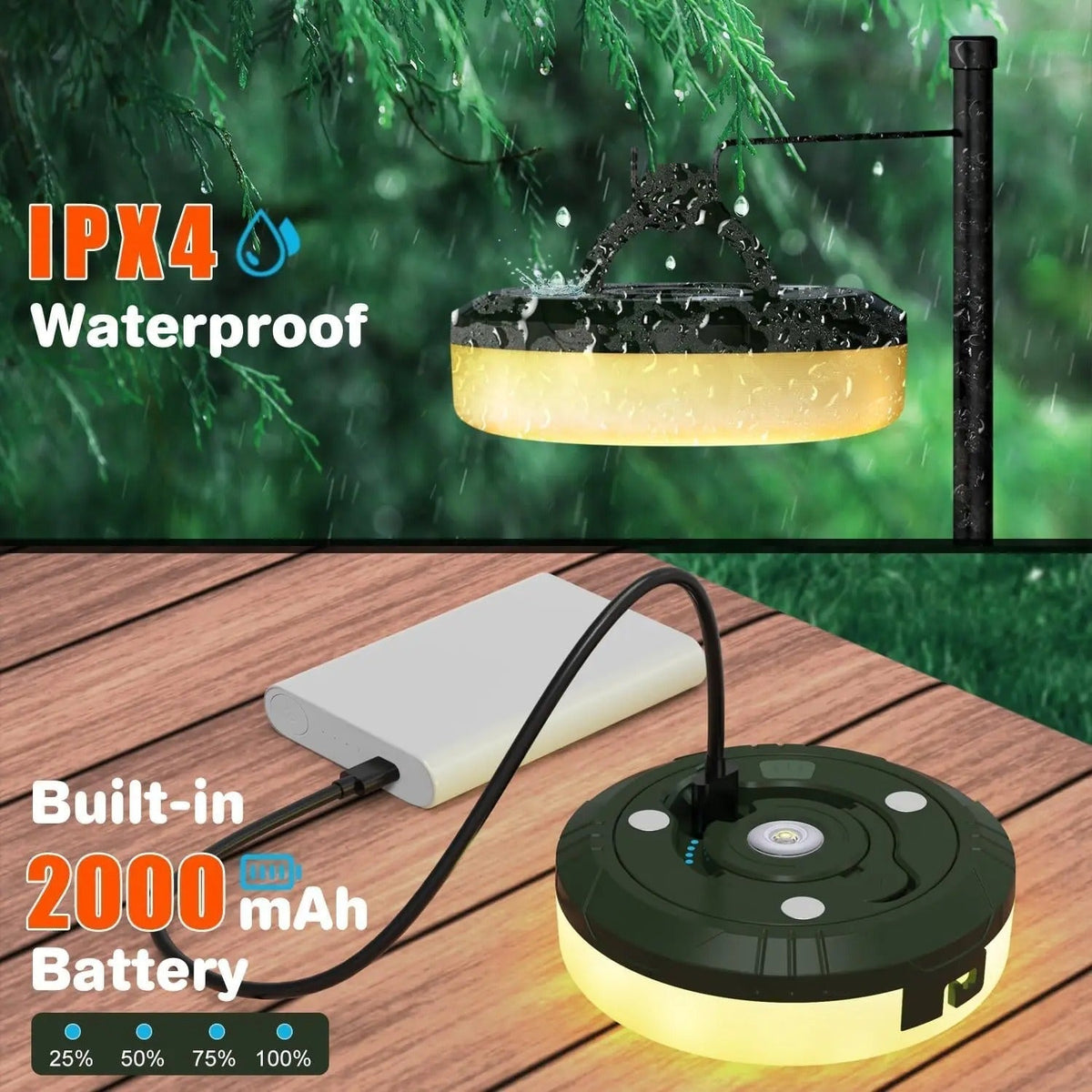 Lampki kempingowe 4 w 1 — wysuwane lampki sznurkowe, 8 trybów