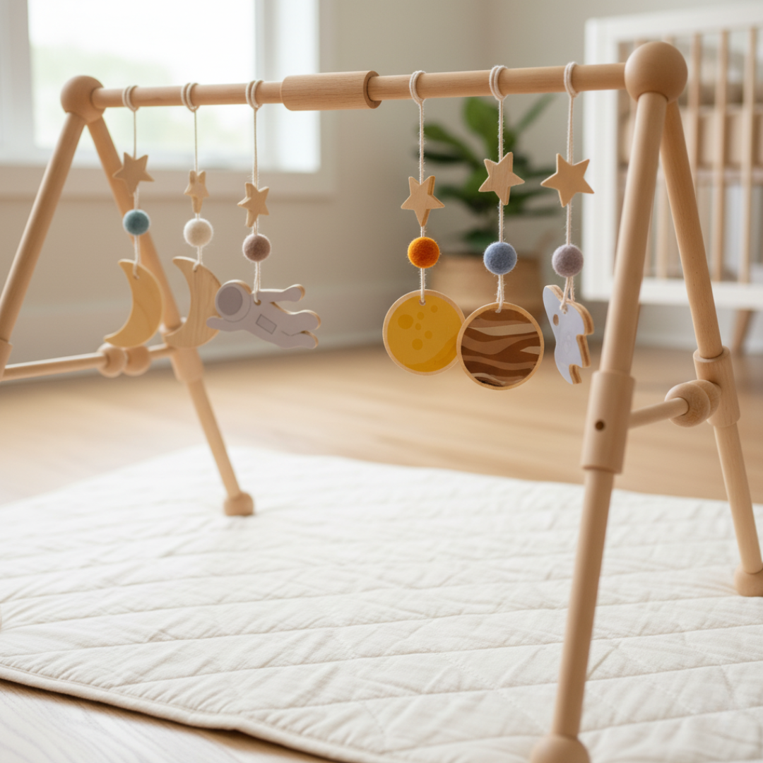 Sturdy Wooden Baby Play Arch — Wobble-Resistant Sensory Toy Gym, Hanging Toys
