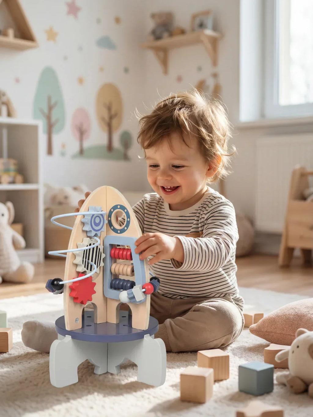 Wooden Space Rocket Baby Play Center — Vertical Activity Tower