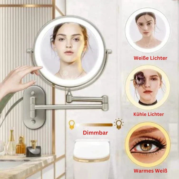 LumoLux Mirror | Aranyszínű, újratölthető LED-es nagyítótükör, 3 színű érintésvezérléses világítással, 360°-ban forgatható, USB-C-vel és 10-szeres nagyítással
