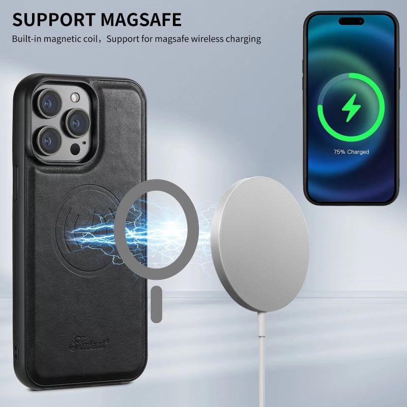 Capa de pele para iPhone com porta-cartões — Compatível com MagSafe, carregamento sem fios