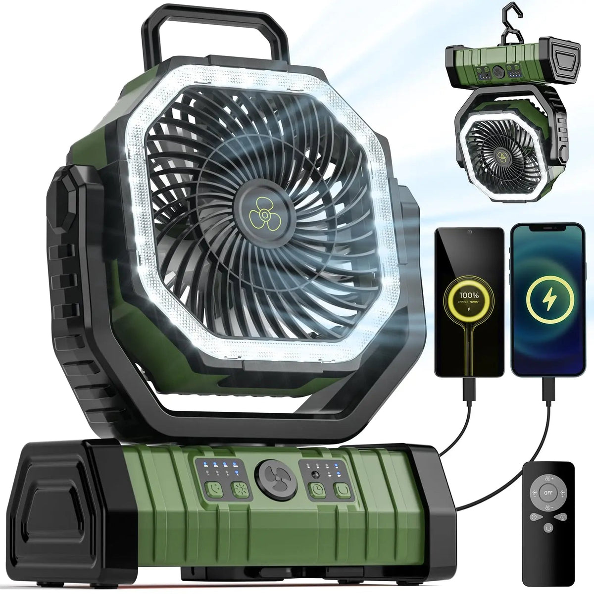 Wiederaufladbarer Campingventilator mit 20000mAh — LED-Licht, USB-Powerbank