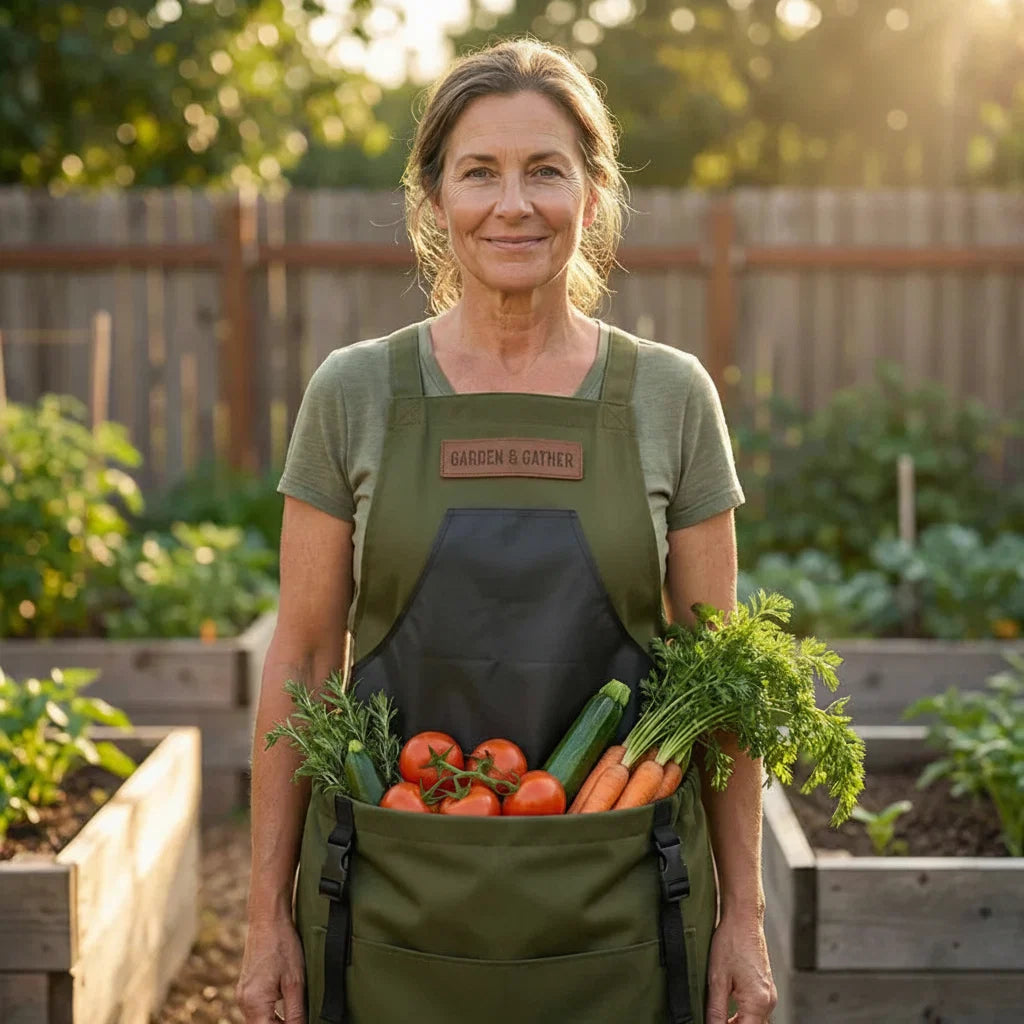 Garden Harvest Apron — Collection Pockets, Quick-Release Bottom Opening