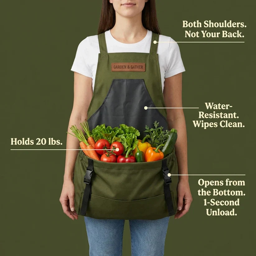 Garden Harvest Apron — Collection Pockets, Quick-Release Bottom Opening