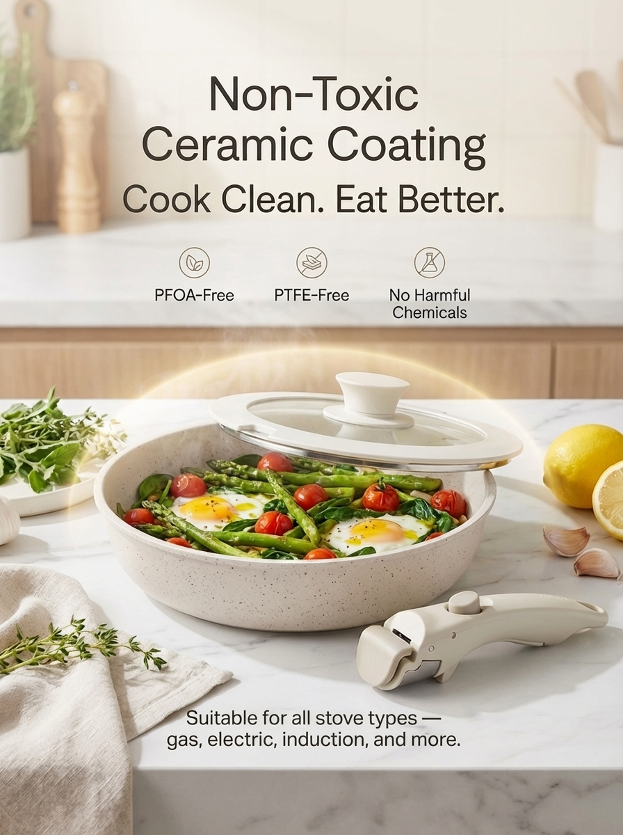 Compact Non Toxic Ceramic Cookware Ensemble — Stackable Pans, Detachable Handles