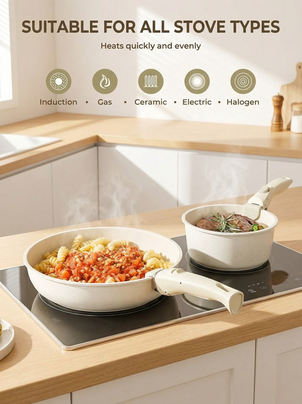 Compact Non Toxic Ceramic Cookware Ensemble — Stackable Pans, Detachable Handles