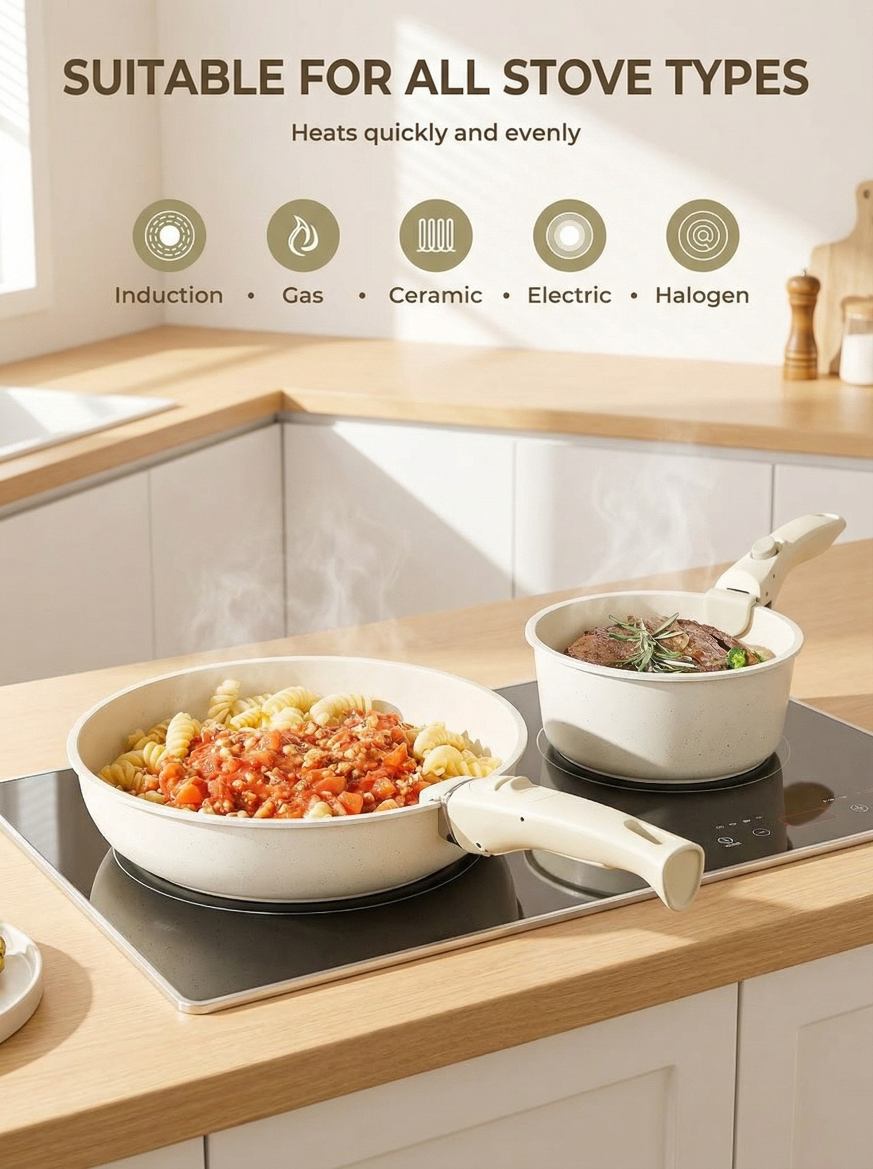 Compact Non Toxic Ceramic Cookware Ensemble — Stackable Pans, Detachable Handles