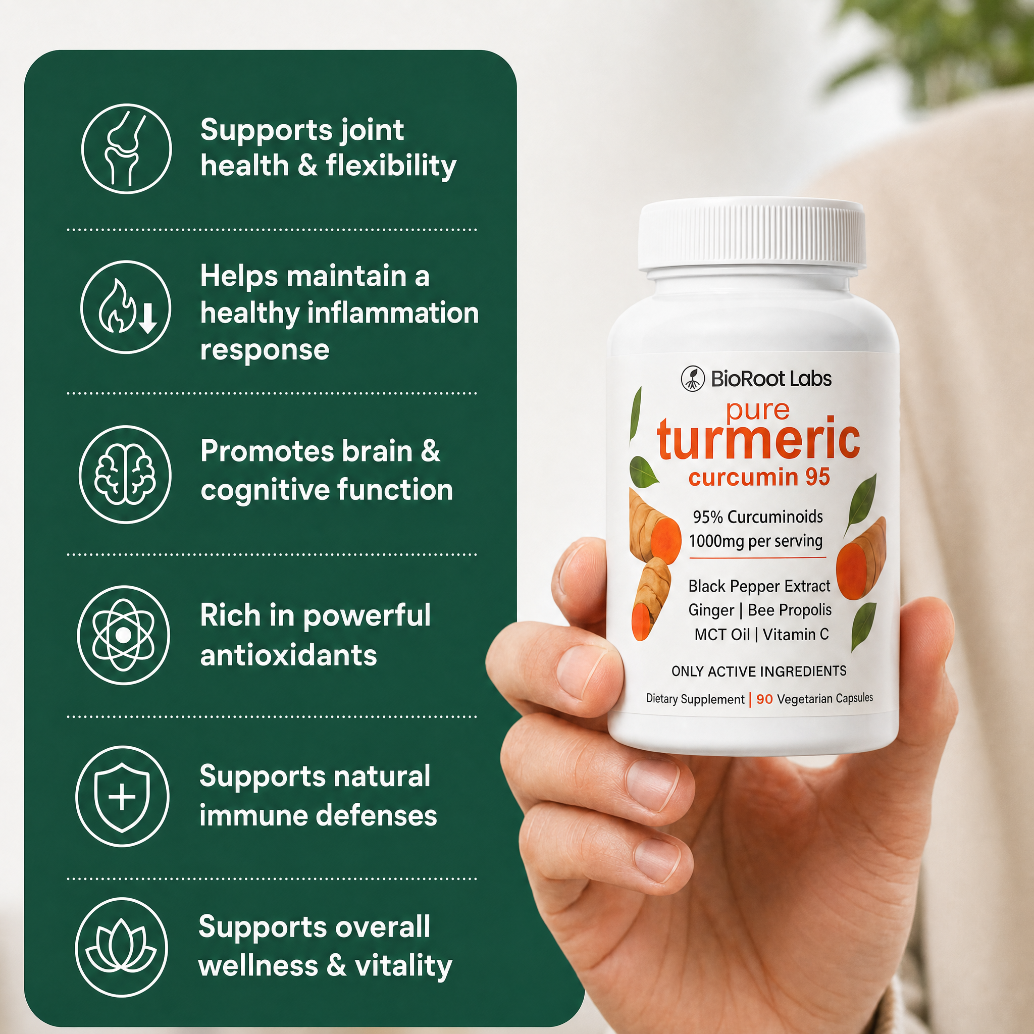 Cápsulas de suplemento de curcumina — 1000 mg, 95% de curcuminoides ativos
