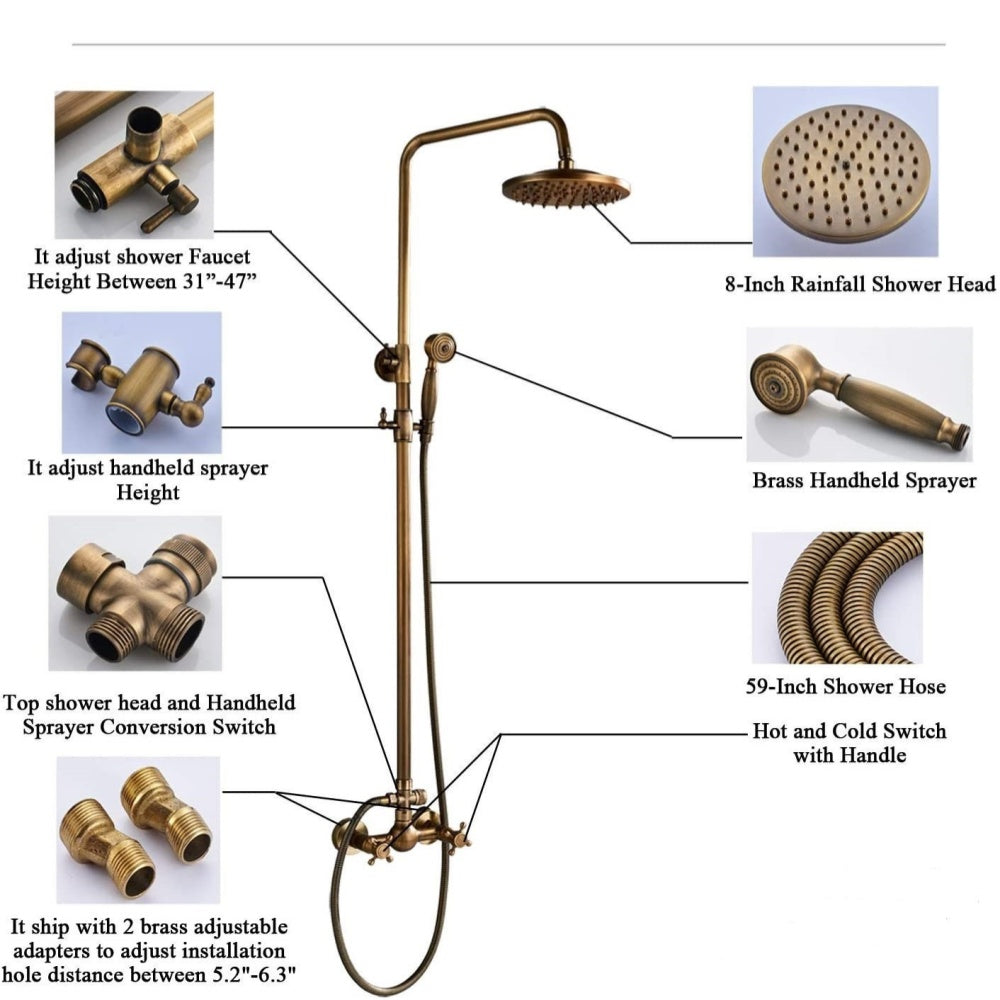 Luxuriöse antike Messing-Duscharmatur — Keramikventil, Handbrause aus Messing